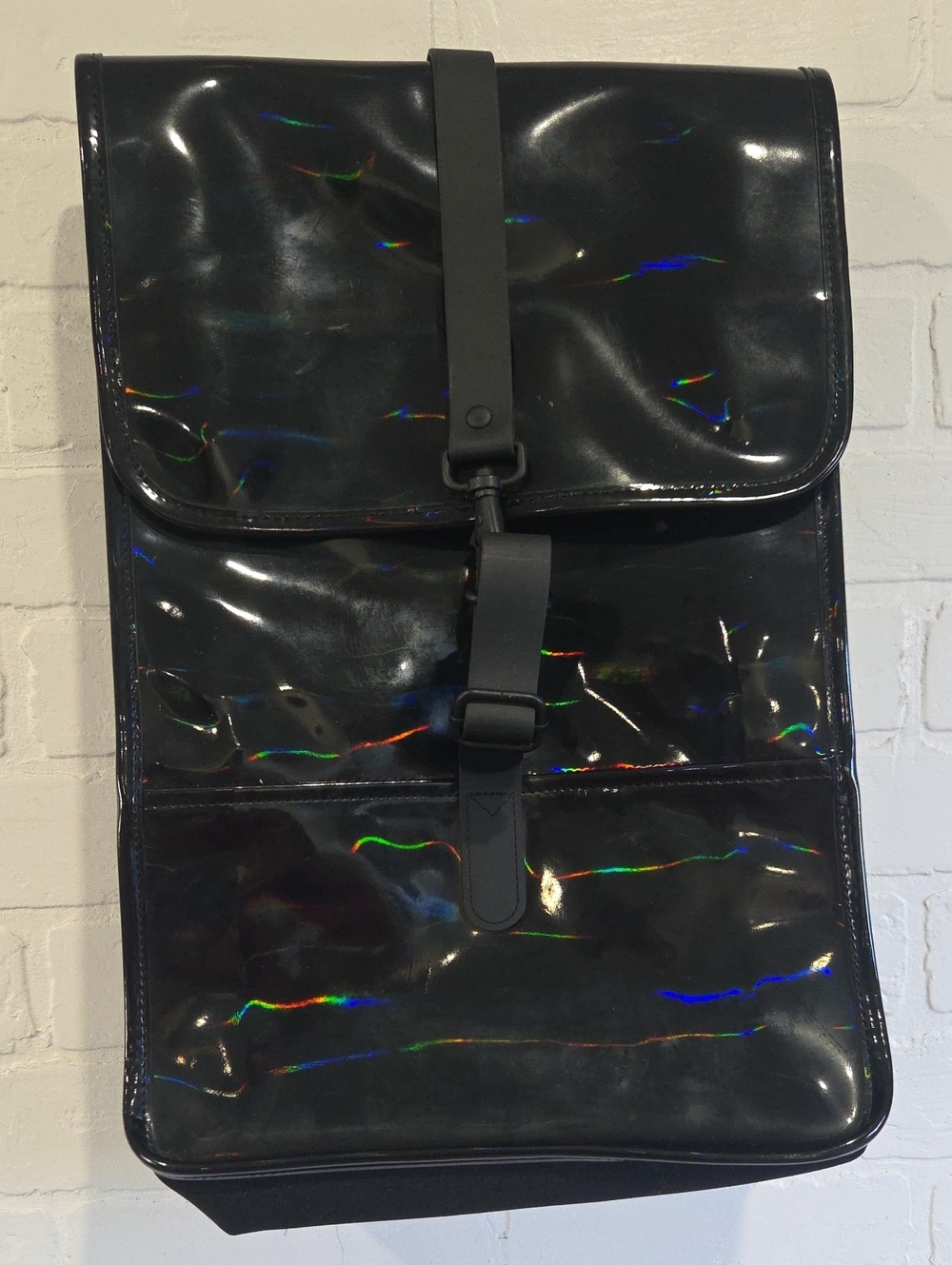Rains Black Holographic Roll-Top Backpack